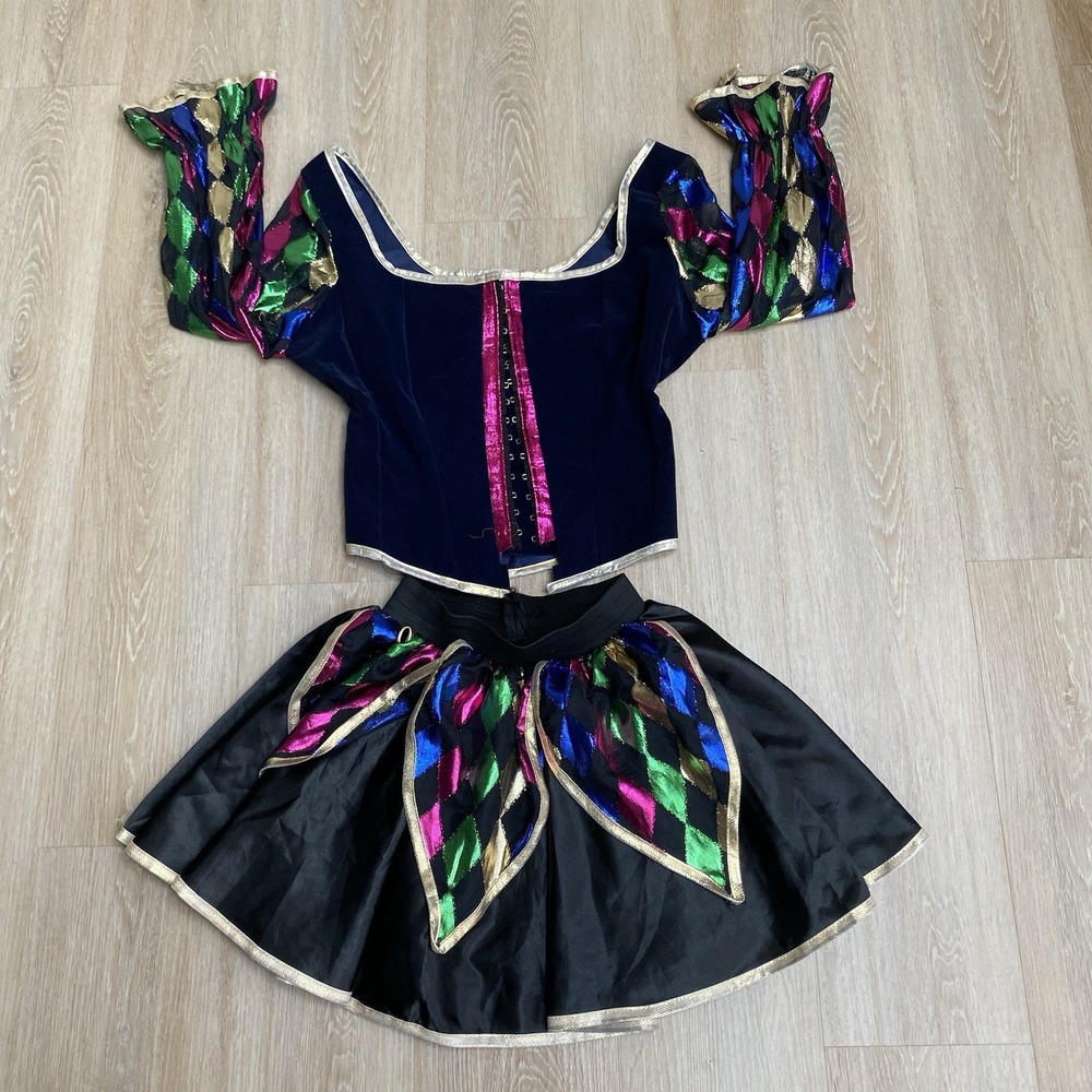 Vintage Forum Novelties Harlequin Jester Costume 2 Piece Top & Skirt Set SZ XS/S